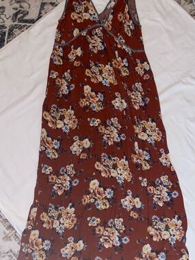 Xhilaration Rust Floral Maxi Dress with Yellow & Blue Accents